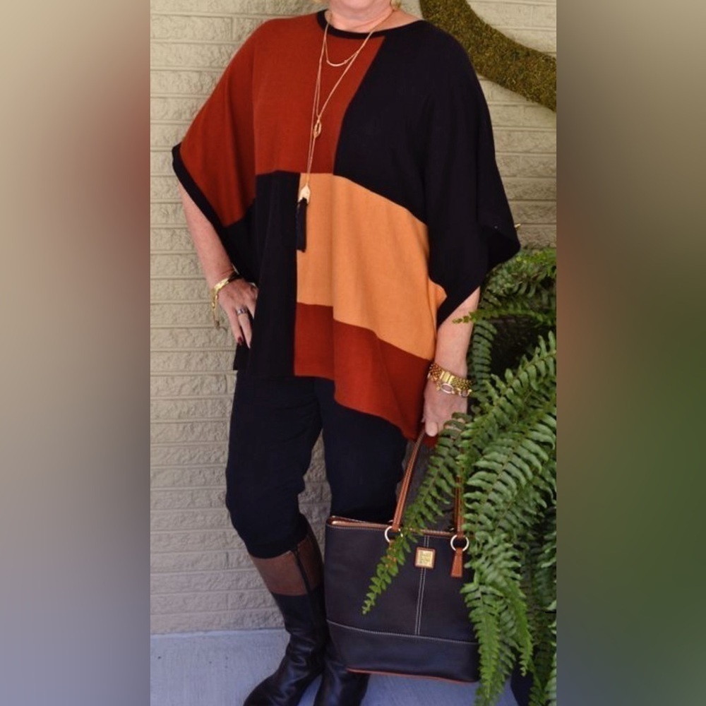 August Silk Fall Poncho Size M Colorblock Batwing Sweater Black Red Yellow